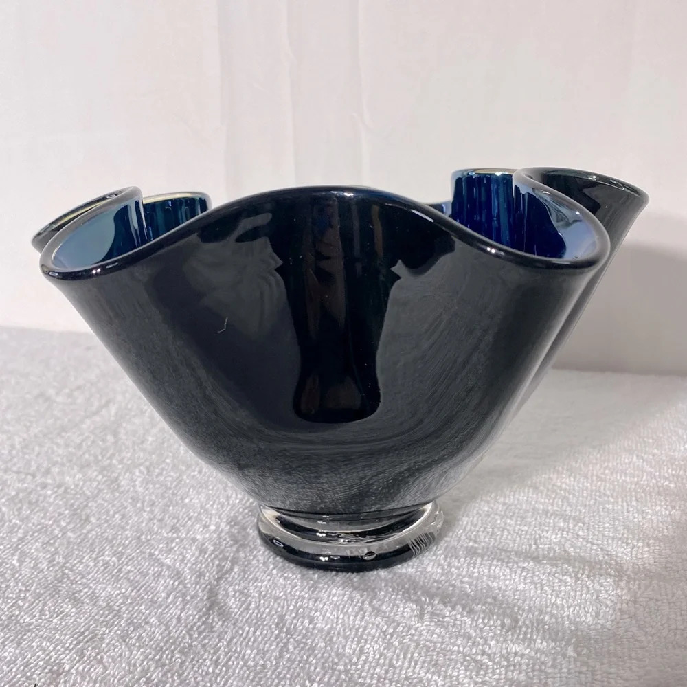 Handblown Ripple Edge Blue Black Glass Opal Cut Glass Handkerchief Vase Bowl